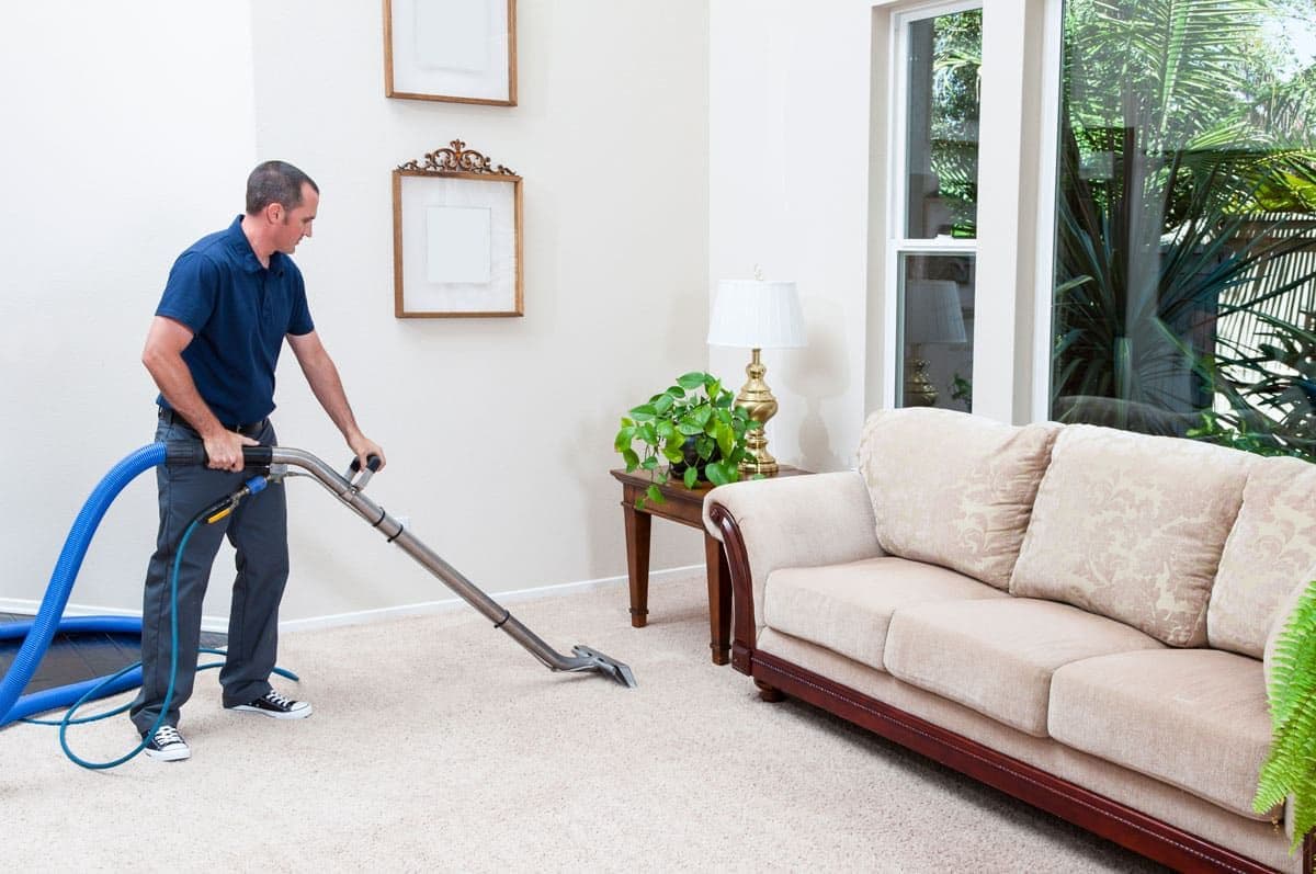 Carpet cleaning technician deep cleaning a living room carpet in a Dublin home
