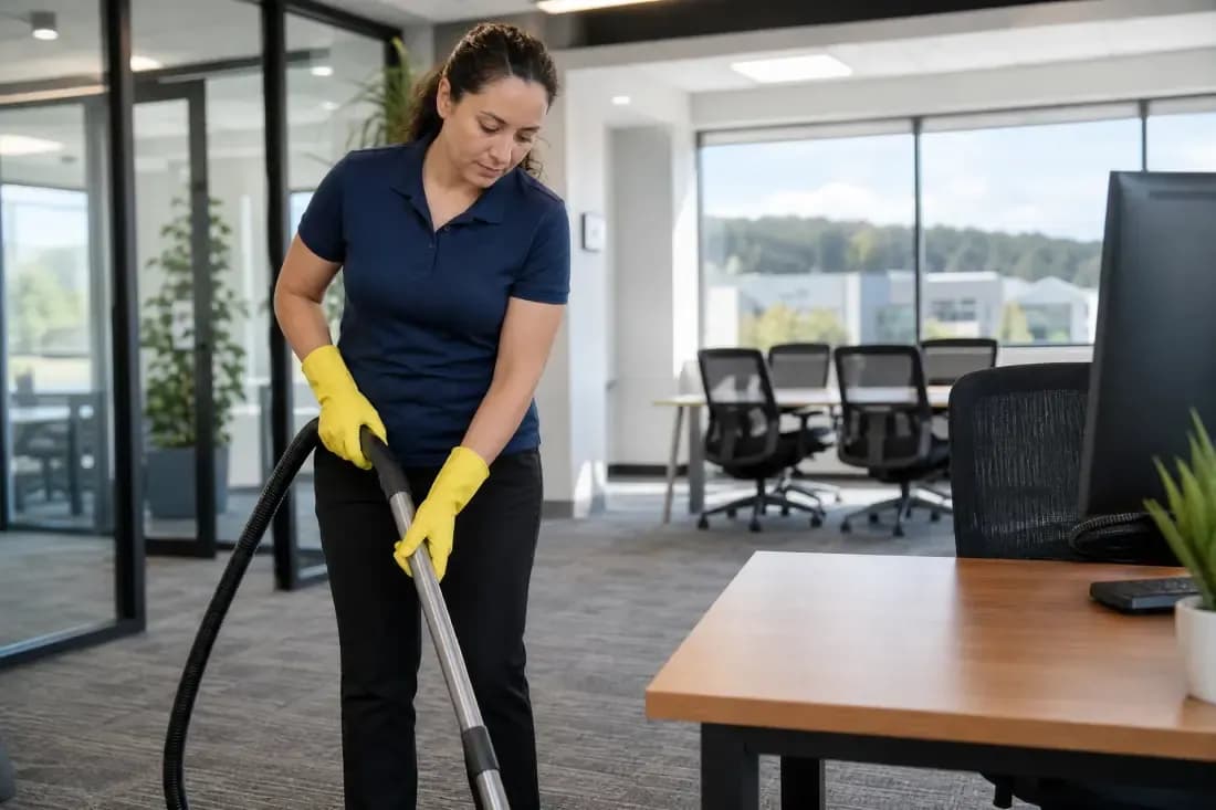 Commercial cleaner vacuuming a carpeted office floor in a Dublin workplace