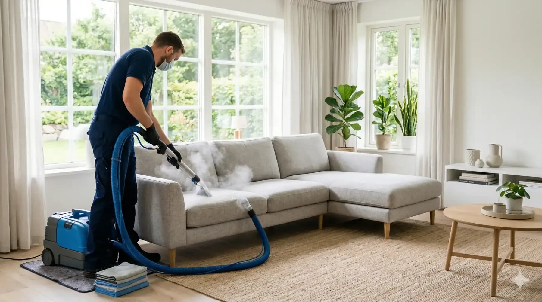 Upholstery cleaning technician deep cleaning a fabric sofa in a Dublin home